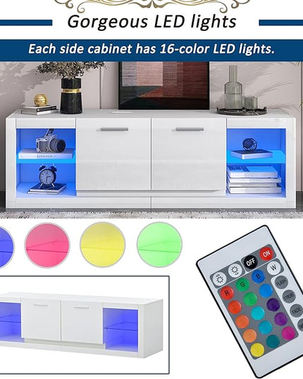 Merax Modern LED TV Stand with 2 Tempered Glass Shelves, High Gloss Entertainment Center for Televisions Up to 70”, Elegant Storage Cabinet with Color Changing Lights for Living Room, White - LeafyLoom