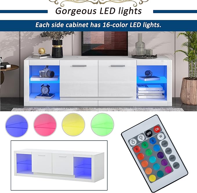 Merax Modern LED TV Stand with 2 Tempered Glass Shelves, High Gloss Entertainment Center for Televisions Up to 70”, Elegant Storage Cabinet with Color Changing Lights for Living Room, White - LeafyLoom