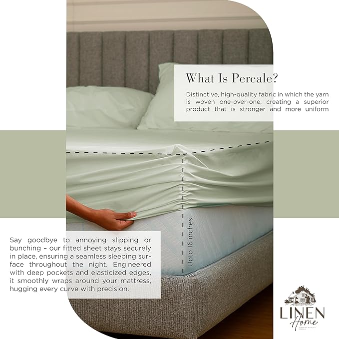 100% Cotton Percale Sheets Twin Size, Sage, Deep Pocket, 3 Pieces Sheet Set - 1 Flat, 1 Deep Pocket Fitted Sheet and 1 Pillowcase, Crisp Cool and Strong Bed Linen - LeafyLoom