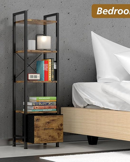 Narrow-Bookshelf-With-Storage-Drawer, 5-Tier Small Standing Book Shelf Organizer For Small Space, Tall Thin Bookcase Shelf For Bedroom Living Room Office, Wooden Shelving Unit Rack For Display - LeafyLoom