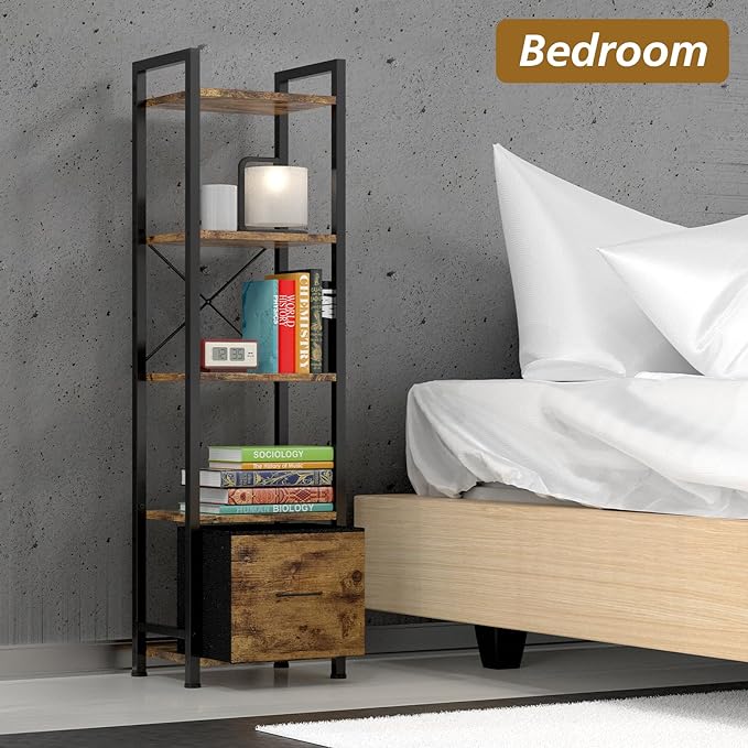 Narrow-Bookshelf-With-Storage-Drawer, 5-Tier Small Standing Book Shelf Organizer For Small Space, Tall Thin Bookcase Shelf For Bedroom Living Room Office, Wooden Shelving Unit Rack For Display - LeafyLoom