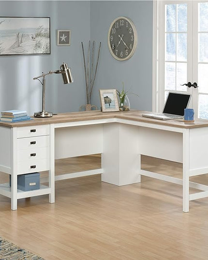 Sauder Cottage Road L-Desk, L: 65.12" x W: 58.66" x H: 29.76", Soft White Finish - LeafyLoom