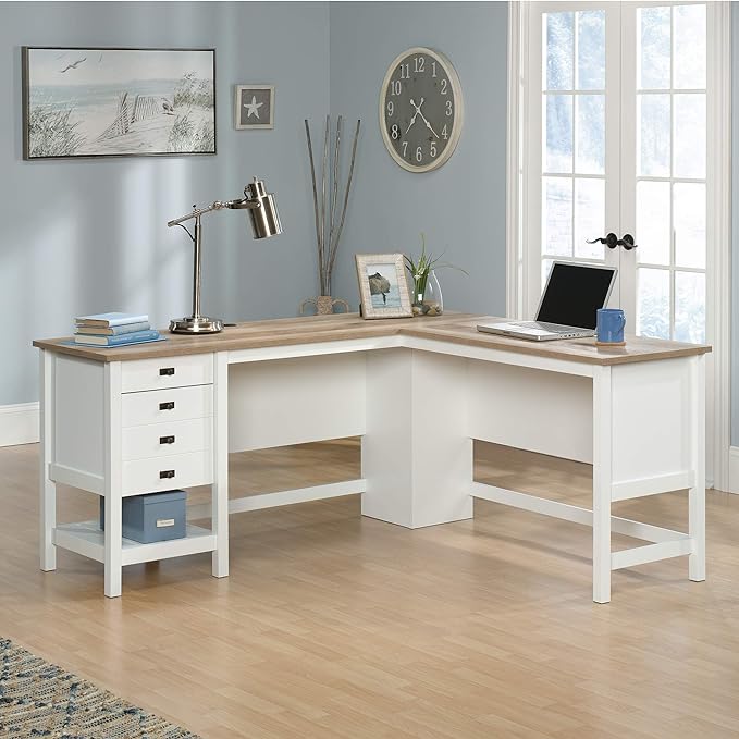 Sauder Cottage Road L-Desk, L: 65.12" x W: 58.66" x H: 29.76", Soft White Finish - LeafyLoom