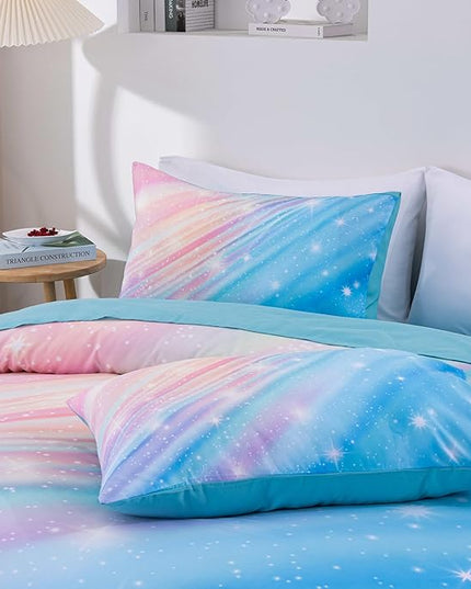 Btargot Super Soft 6 Pieces Gradient Star Ring Comforter Set, Colorful Glitter Rainbow Star Pattern Bedding Set for Boys Girls Teens, Full Light Blue - LeafyLoom