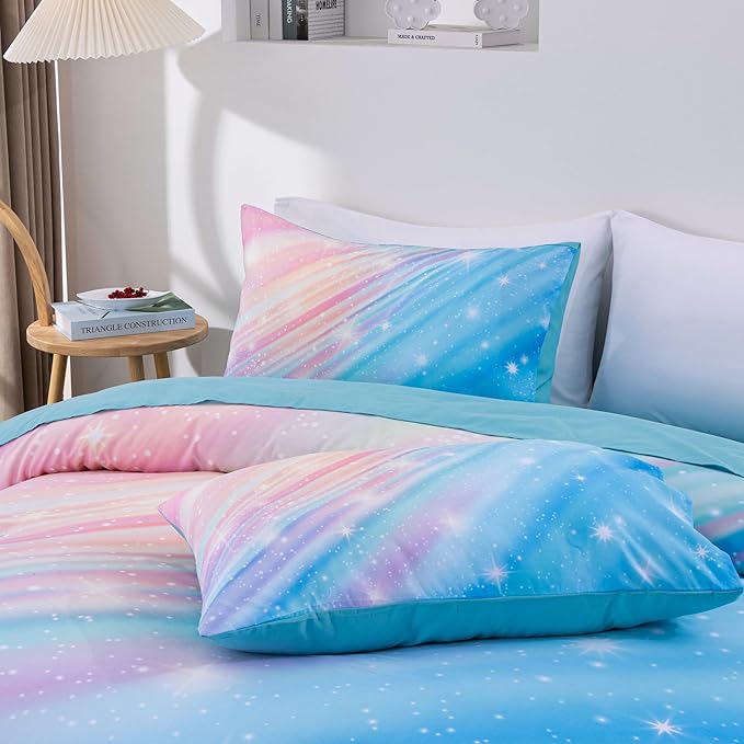 Btargot Super Soft 6 Pieces Gradient Star Ring Comforter Set, Colorful Glitter Rainbow Star Pattern Bedding Set for Boys Girls Teens, Full Light Blue - LeafyLoom