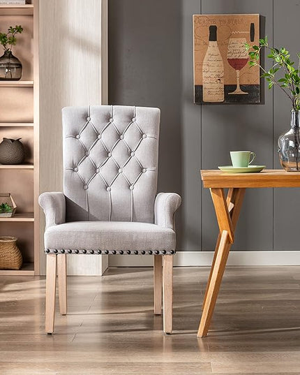 Dining Room Chairs with Arms,Tufted Upholstered High Back Nailed Trim with Untique Oak Wood Legs for Kitchen Restaurant Room Bedroom - LeafyLoom