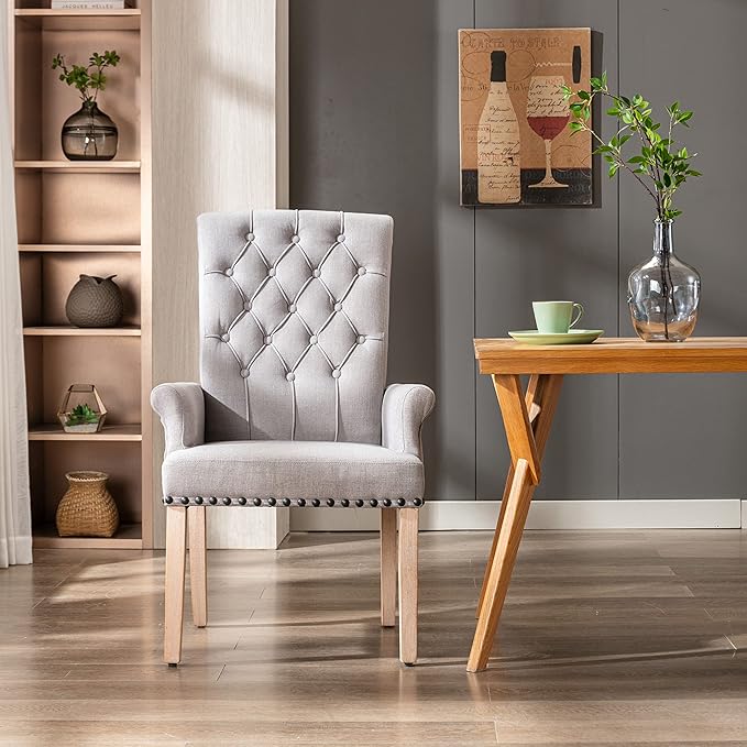Dining Room Chairs with Arms,Tufted Upholstered High Back Nailed Trim with Untique Oak Wood Legs for Kitchen Restaurant Room Bedroom - LeafyLoom