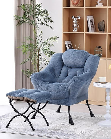 Welnow Lazy Chair with Ottoman, Modern Lounge Accent Chair with Armrests and a Side Pocket, Leisure Upholstered Sofa Chair Set, Reading Chair with Footrest for Small Space, Plush Light Blue - LeafyLoom