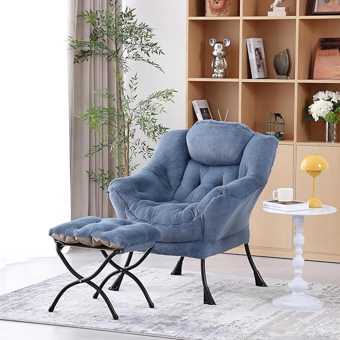 Welnow Lazy Chair with Ottoman, Modern Lounge Accent Chair with Armrests and a Side Pocket, Leisure Upholstered Sofa Chair Set, Reading Chair with Footrest for Small Space, Plush Light Blue - LeafyLoom