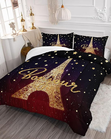 Datura home Kids Comforter Set Eiffel Tower Printed Pattern Bedding Set with 1 Comforter and 2 Pillowcases for Girls Boys Bedroom All Season(Tower Full) - LeafyLoom