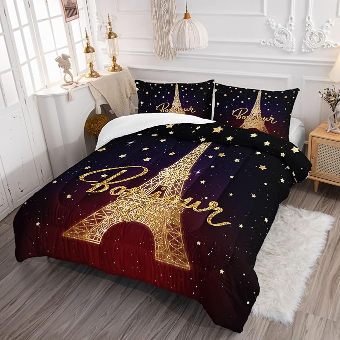 Datura home Kids Comforter Set Eiffel Tower Printed Pattern Bedding Set with 1 Comforter and 2 Pillowcases for Girls Boys Bedroom All Season(Tower Queen) - LeafyLoom