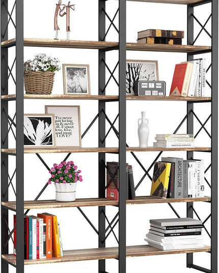 IRONCK Bookshelves Double Wide 6-Tier 76" H, Open Large Bookcase, Industrial Style Shelves for Home Office, Easy Assembly - LeafyLoom