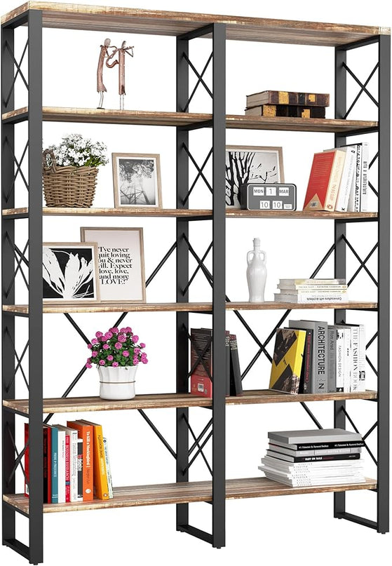 IRONCK Bookshelves Double Wide 6-Tier 76" H, Open Large Bookcase, Industrial Style Shelves for Home Office, Easy Assembly - LeafyLoom