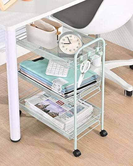 TOOLF 3-Tier Metal Rolling Cart, Mesh Wire Easy Assemble Utility Cart, Storage Trolley on Wheels with 3 Hooks, MetalStorage Shelving Units for Kitchen Bathroom Laundry Room - LeafyLoom