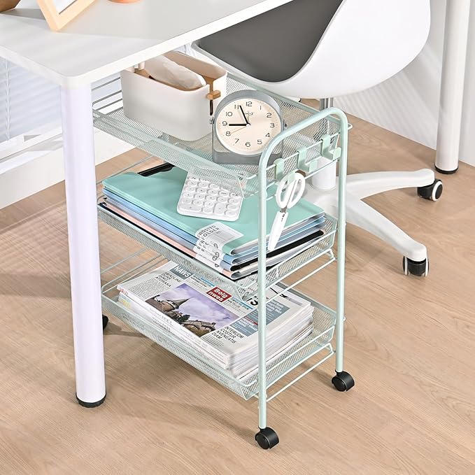 TOOLF 3-Tier Metal Rolling Cart, Mesh Wire Easy Assemble Utility Cart, Storage Trolley on Wheels with 3 Hooks, MetalStorage Shelving Units for Kitchen Bathroom Laundry Room - LeafyLoom