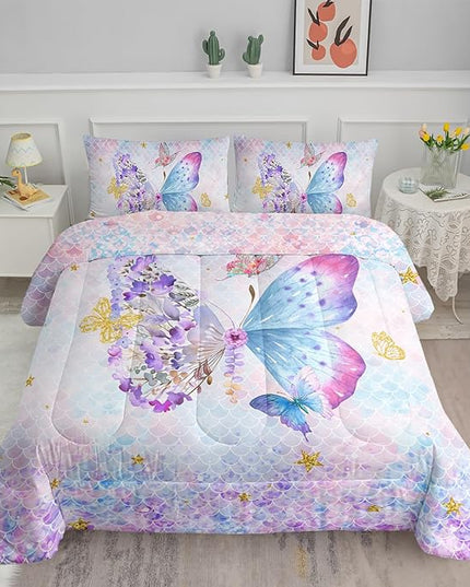 Axolotl Butterfly Bedding Full,Rainbow Butterfly Comforter Set for Girls Teens,Butterfly Bedding for Girls with Golden Star Scales Pattern,Butterfly Printed Quilt Set with 1 Comforter 2 Pillowcases - LeafyLoom