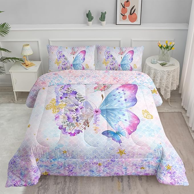 Axolotl Butterfly Bedding Twin,Rainbow Butterfly Comforter Set for Girls Teens,Butterfly Bedding for Girls with Golden Star Scales Pattern,Butterfly Printed Quilt Set with 1 Comforter 2 Pillowcases - LeafyLoom