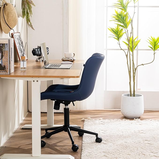 YOUTASTE Office Chair Modern Armless Desk Chair with Wheels, Height Adjustable Swivel Rocking Computer Gaming Task Chair, Upholstered Faux Leather Sewing Chair with Ergonomic Back, Navy Purple - LeafyLoom