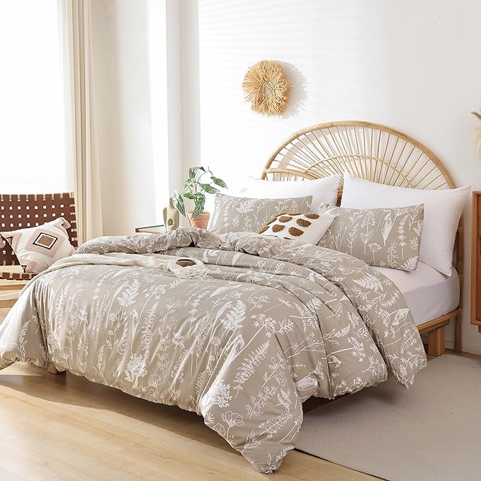 JANZAA Queen Comforter Set Floral Comforter Set 3 PCS Bedding Sets Oatmeal Comforter Set Plant Flowers Printed on Fluffy Comforter Set for All Season - LeafyLoom