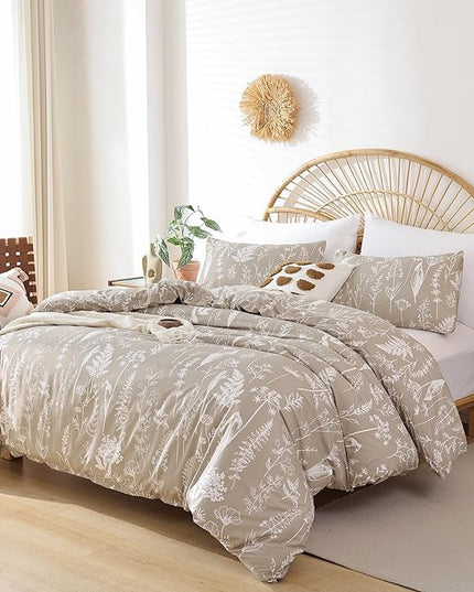 JANZAA King Size Comforter Set Floral Comforter Set 3 PCS Bedding Sets Oatmeal Comforter Set Plant Flowers Printed on Fluffy Comforter Set for All Season - LeafyLoom