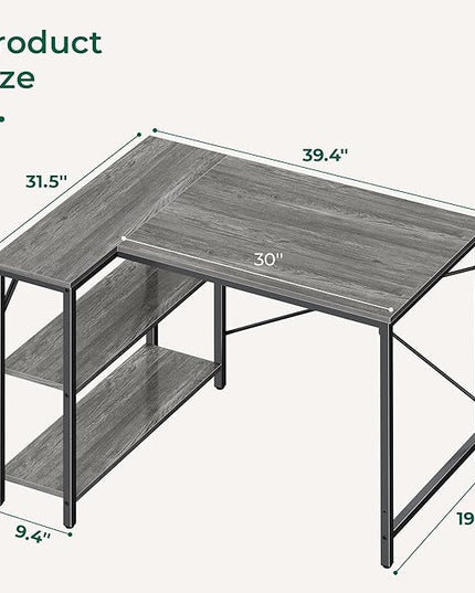 L Shaped Desk, 39 Inches Computer Desk with Reversible Storage Shelves, Gaming Desk, Corner Desk Home Office Desks, Writing Desk Study Desk with Metal Frame, Gray - LeafyLoom