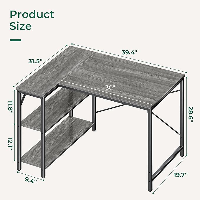 L Shaped Desk, 39 Inches Computer Desk with Reversible Storage Shelves, Gaming Desk, Corner Desk Home Office Desks, Writing Desk Study Desk with Metal Frame, Gray - LeafyLoom
