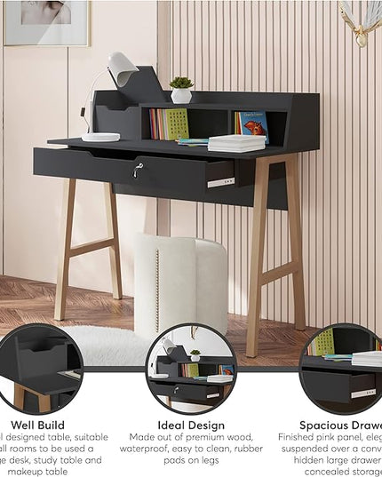 Roma Writing Desk - Elegant Wood Study Desk With Storage, Cable Holes & Drawers - Work Table for Home, Office, Dorm, Small Spaces - Compact Black Desk, 40x19x36.9” (black) - LeafyLoom
