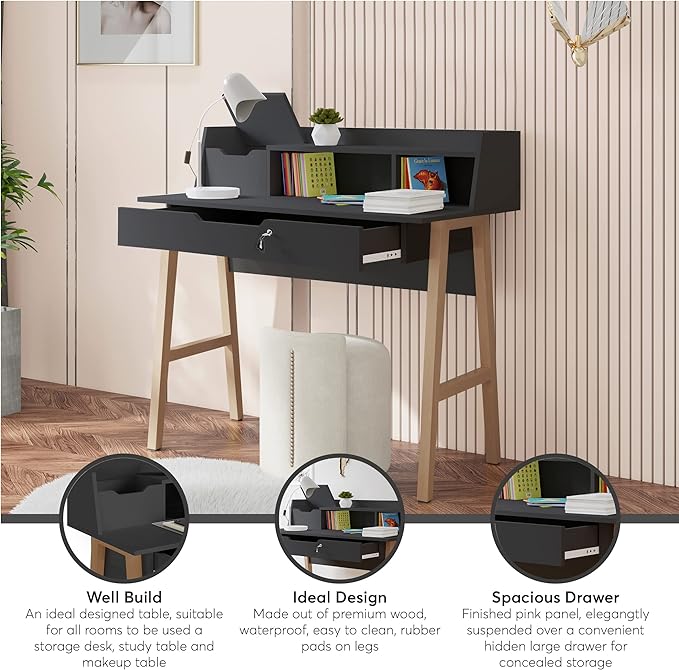 Roma Writing Desk - Elegant Wood Study Desk With Storage, Cable Holes & Drawers - Work Table for Home, Office, Dorm, Small Spaces - Compact Black Desk, 40x19x36.9” (black) - LeafyLoom
