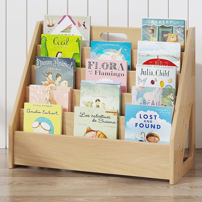 Front-Facing Montessori Bookshelf,5 Tier Book Display Shelf for Toddler,Kids Storage Magazine Rack,Solid Wood Bookcase Organizer,Perfect for Playroom,Bedroom,Study Living Room,Nursery,Classroom - LeafyLoom