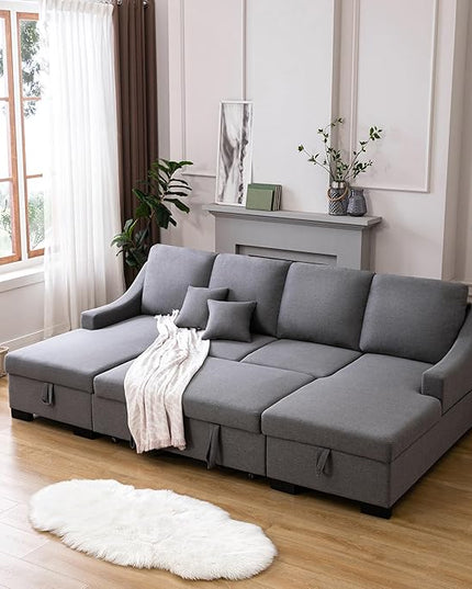 104.7" Upholstery Sleeper Sectional Sofa with Double Storage Chaise and 2 Tossing Cushions, U-Shaped Corner Couch w/Pulled Out Bed for Living Room, Apartment and Office, Grey, 104.7 Inch - LeafyLoom