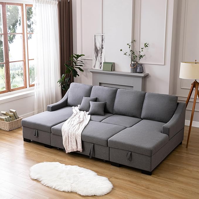 104.7" Upholstery Sleeper Sectional Sofa with Double Storage Chaise and 2 Tossing Cushions, U-Shaped Corner Couch w/Pulled Out Bed for Living Room, Apartment and Office, Grey, 104.7 Inch - LeafyLoom