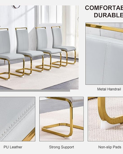 Modern Dining Chairs Set of 4, Side Dining Room Chairs with Gold Frame, Kitchen Chairs with Faux Leather Padded Seat High Back, Chairs for Dining Room, Kitchen, Living Room Light Grey - LeafyLoom