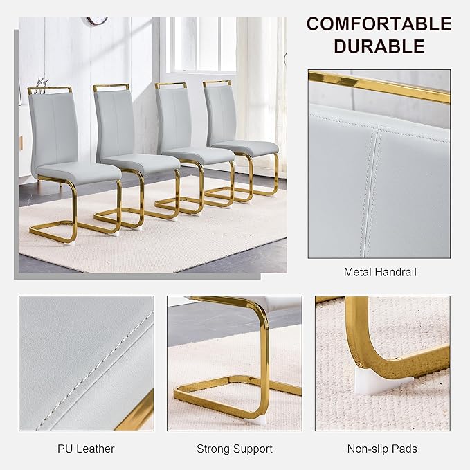 Modern Dining Chairs Set of 4, Side Dining Room Chairs with Gold Frame, Kitchen Chairs with Faux Leather Padded Seat High Back, Chairs for Dining Room, Kitchen, Living Room Light Grey - LeafyLoom