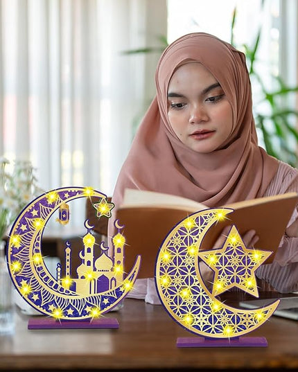 2 Pcs Ramadan Eid Mubarak Crafts Night Light 3D Wooden Moon Star Lights Ramadan Decorations LED Eid Mubarak Lamp Decor Ramadan Table Sign for Tabletop Home Party Supplies(Purple and Gold) - LeafyLoom