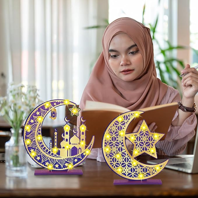 2 Pcs Ramadan Eid Mubarak Crafts Night Light 3D Wooden Moon Star Lights Ramadan Decorations LED Eid Mubarak Lamp Decor Ramadan Table Sign for Tabletop Home Party Supplies(Purple and Gold) - LeafyLoom