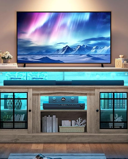YITAHOME Modern TV Stand for 75 Inch TV with LED Lights, 32'' Tall Mid Century Modern TV Cabinet w/Adjustable Shelves & Glass Doors, Entertainment Center Media Console Table for Living Room, Grey Wash - LeafyLoom