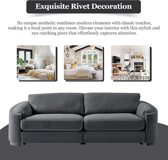 Morden Stylish 3-Seat Upholstered Couch Linen Fabric Nailhead Decor Sofa&Couch with Thicker Cushions and Armrests for Home Office Apartment Living Room, 91", Gray-337 - LeafyLoom