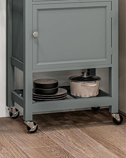 HOMCOM Utility Kitchen Cart, Rolling Kitchen Island with Smooth Rubberwood Top, Narrow Butcher Block Surface on Wheels with Storage Drawer & Cabinet, Gray - LeafyLoom