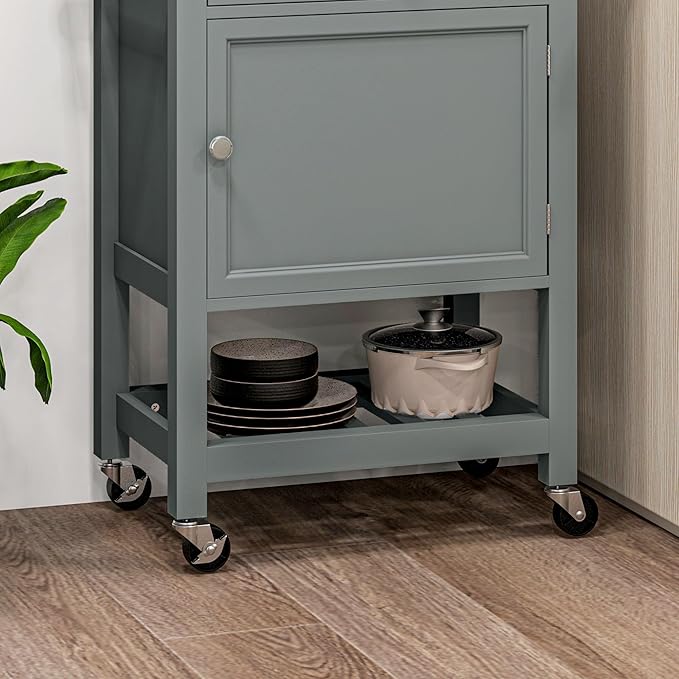 HOMCOM Utility Kitchen Cart, Rolling Kitchen Island with Smooth Rubberwood Top, Narrow Butcher Block Surface on Wheels with Storage Drawer & Cabinet, Gray - LeafyLoom