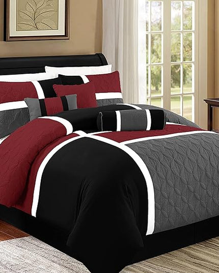 Chezmoi Collection 7-Piece Quilted Patchwork Comforter Set, Red/Gray/Black, Queen - LeafyLoom