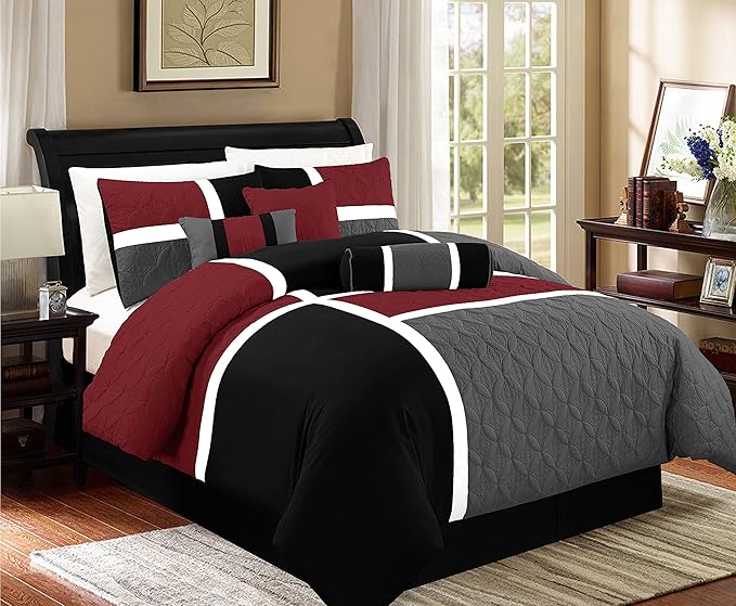 Chezmoi Collection 7-Piece Quilted Patchwork Comforter Set, Red/Gray/Black, Queen - LeafyLoom