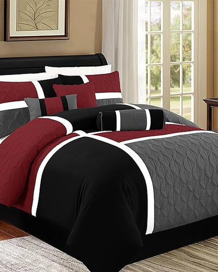 Chezmoi Collection 7-Piece Quilted Patchwork Comforter Set, Red/Gray/Black, Full - LeafyLoom