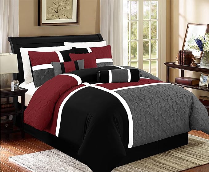 Chezmoi Collection 7-Piece Quilted Patchwork Comforter Set, Red/Gray/Black, Full - LeafyLoom