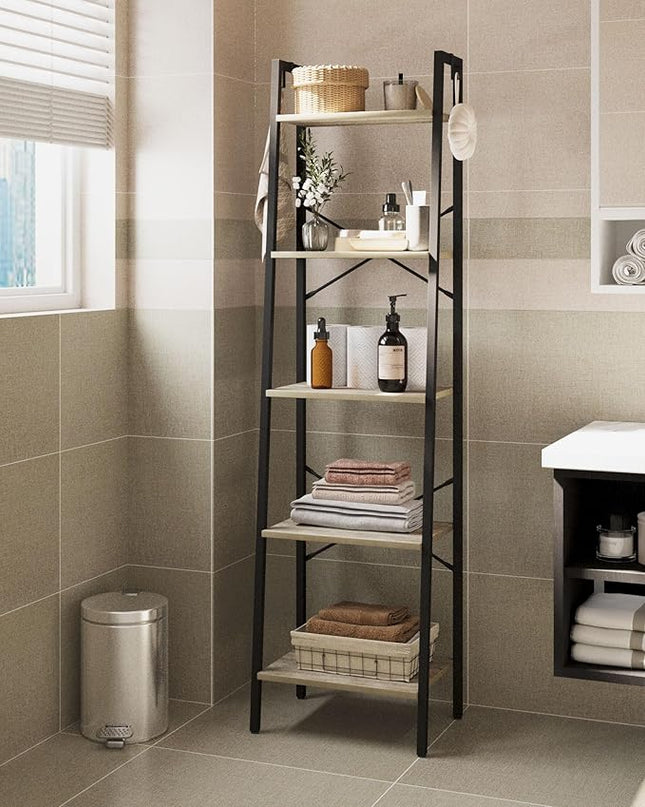 Ladder Shelf, Bookshelf Bookcase, Freestanding Corner Storage Shelve with 2 Hooks for Home Office, Living Room, Kitchen, Bedroom, Industrial, 5-Tier Greige BC19205B - LeafyLoom