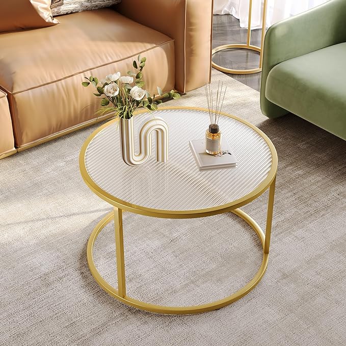 SAYGOER Modern Coffee Table Round Glass Coffee Tables for Large or Small Space Unique Art Center Table for Living Room Home Office with Gold Metal Frame, Easy Assembly - LeafyLoom