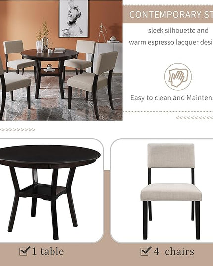5-Piece Dinette Sets includes Round Kitchen Dining Table with Bottom Shelf, 4 Upholstered Chairs, for Diningroom Living Room, Easy to Assemble, Espresso 3 - LeafyLoom