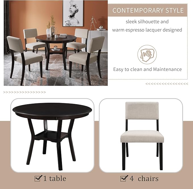 5-Piece Dinette Sets includes Round Kitchen Dining Table with Bottom Shelf, 4 Upholstered Chairs, for Diningroom Living Room, Easy to Assemble, Espresso 3 - LeafyLoom