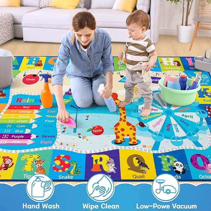 Chicrug Educational Kid Area Rug for Playroom, 4x6 Feet TPR Non Slip Kids Classroom Carpet Rug for Learning ABC Animal, Shape Color Fruit, Washable Play Mat Rug for Children Nursery Toddler Room Decor - LeafyLoom