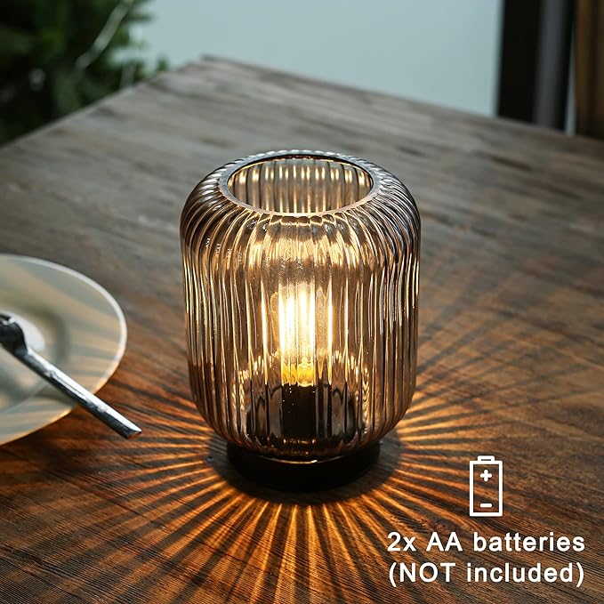 Battery Operated Lamp, Cordless Table Lamps for Home Decor, Battery Powered Nightlight with LED Bulb, Decorative Glass Beside Lamp for Bedroom Living Room-Grey - LeafyLoom
