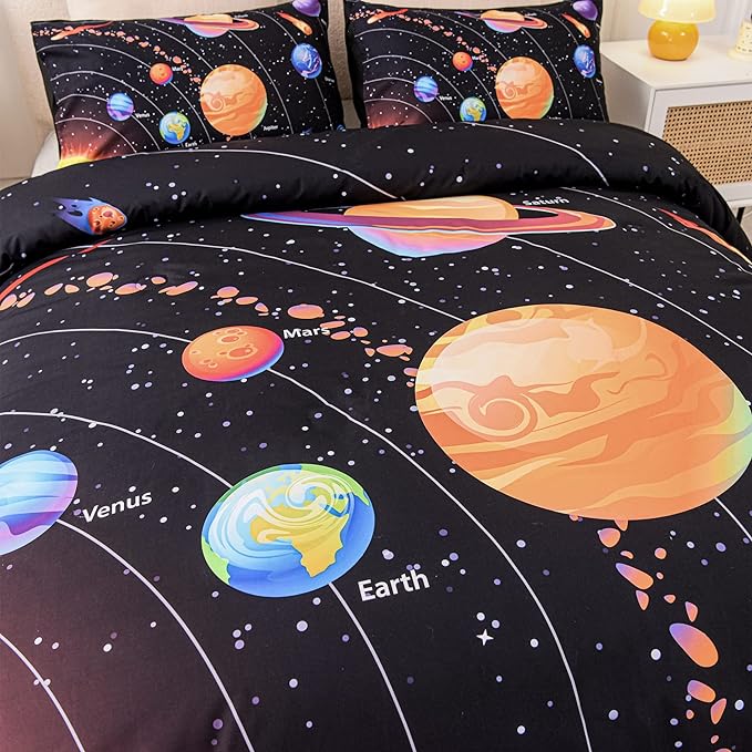 Solar System Comforter Set Twin Outer Space Room Decor Bedding Set 3 Pieces 1 Planets Theme Comforter and 2 Pillow Shams for Boys Kids Ultra-Soft Microfiber All Seasons for Bedroom Sofa - LeafyLoom